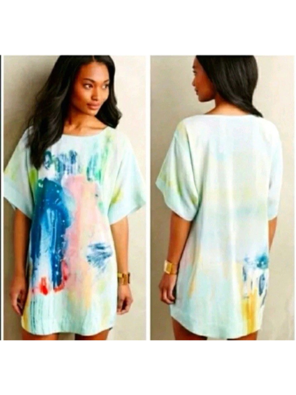 MAEVE Anthropologie Women’s XS Watercolor Painted Print Silk Tunic Top Dress